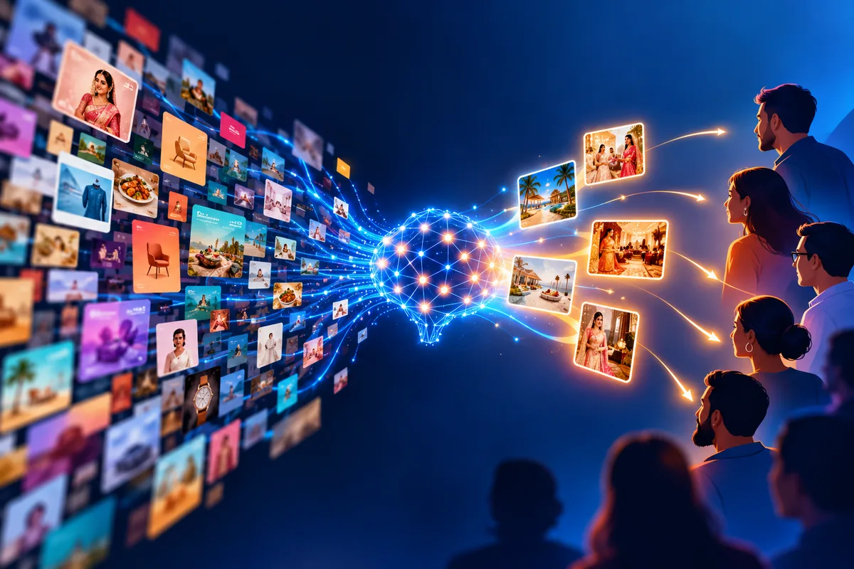 Illustration of an AI engine filtering many ad creatives down to a few that reach the right people